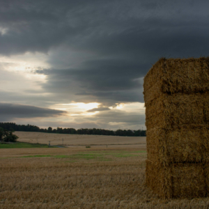 Sunset with Dark clouds over farm land and bales