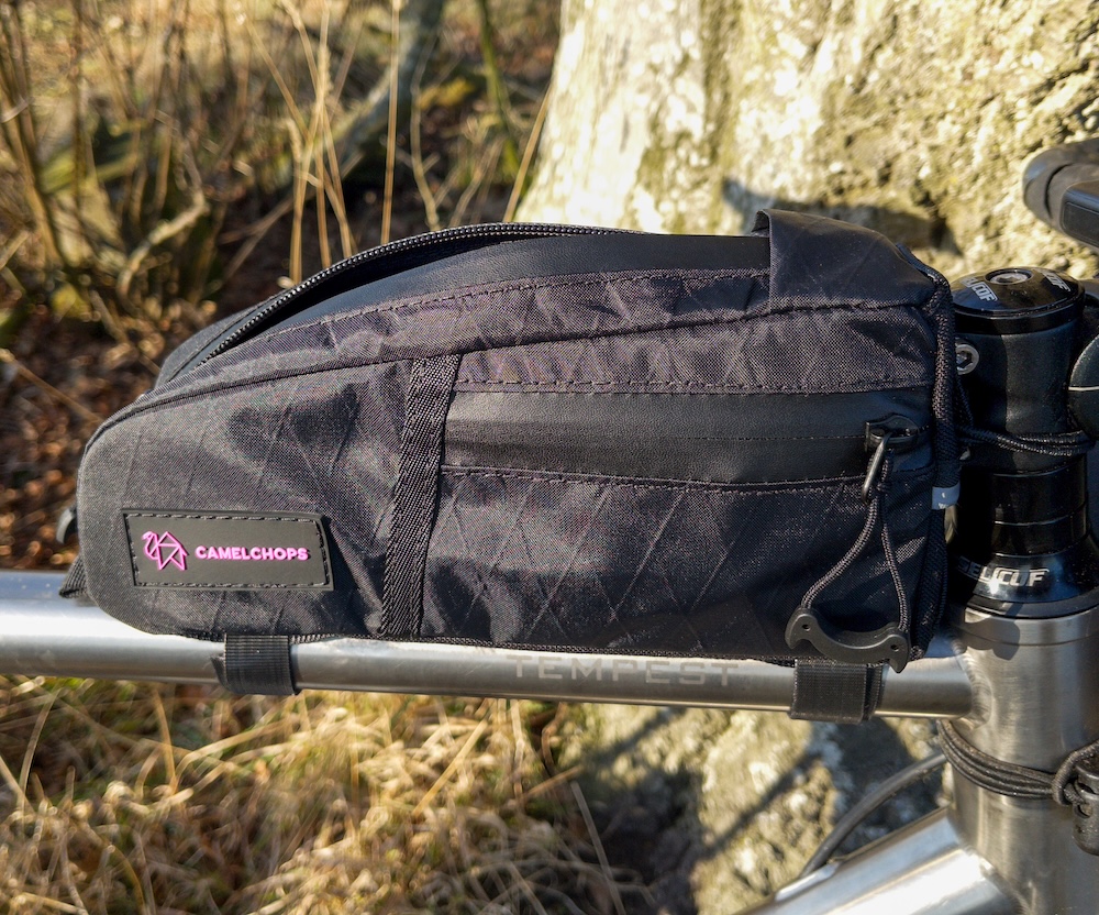 CamelChops HUMP top-tube bag installed on Planet-X Tempest bike frame