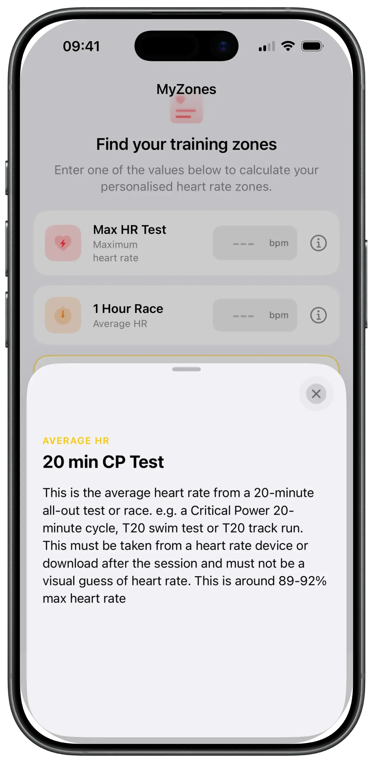MyZones input explanation — tap the info icon for guidance on each test method