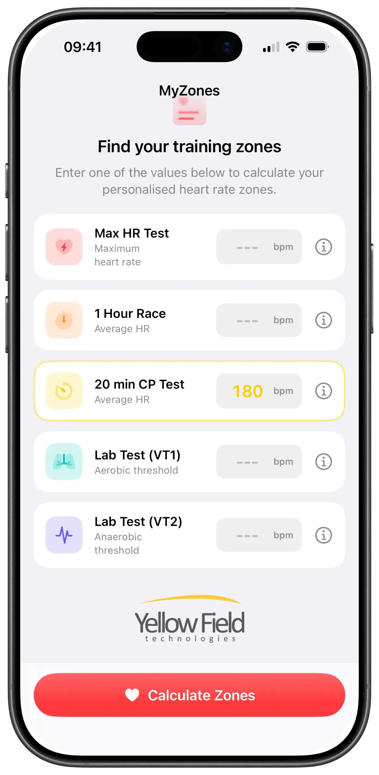 MyZones input screen — enter Max HR, 1 Hour Race HR, or 20-min CP Test HR